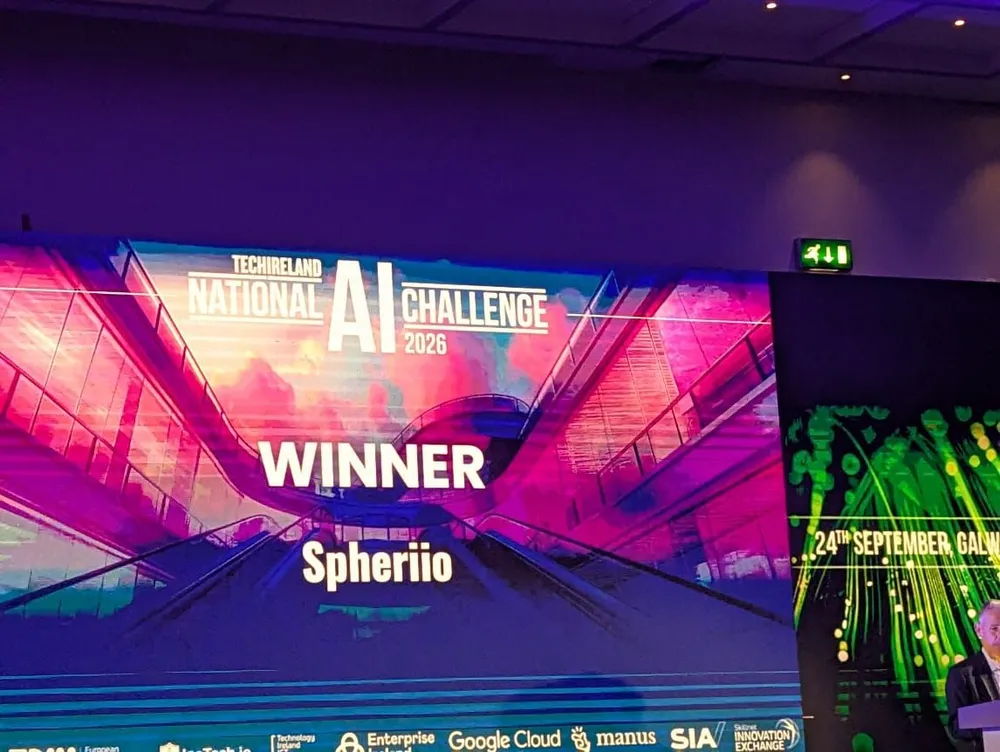 The winner screen at the TechIreland National AI Challenge 2026 in Galway, showing Spheriio